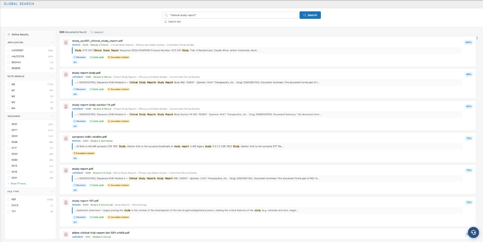 DnXT Publisher Global Search results across dossiers