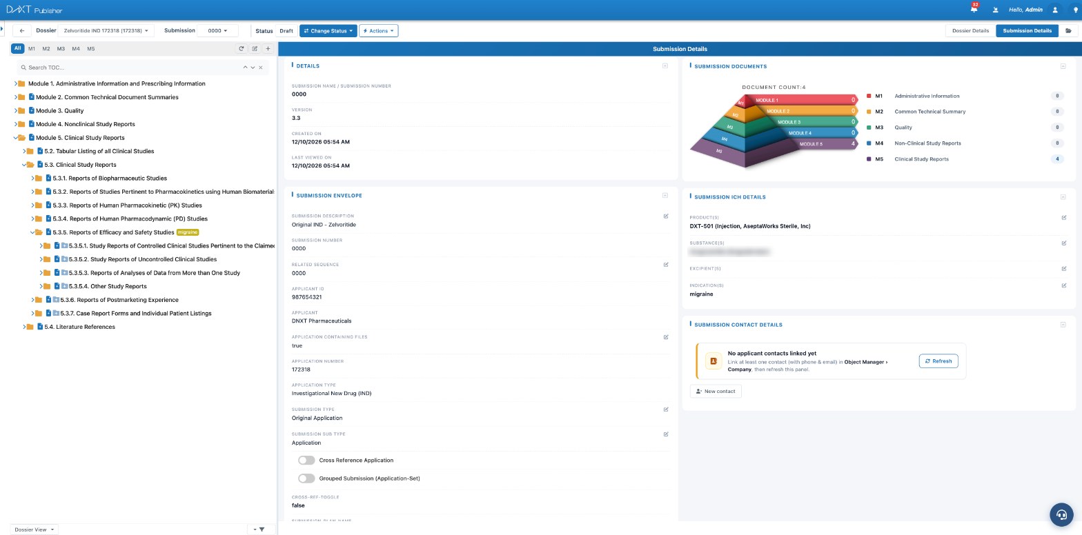 DnXT Publisher sequence workspace with eCTD tree and submission details